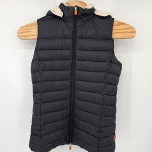 Save The Duck Puffer Vest Womens XL Black Sherpa Lined Hood Ultra Light Vegan